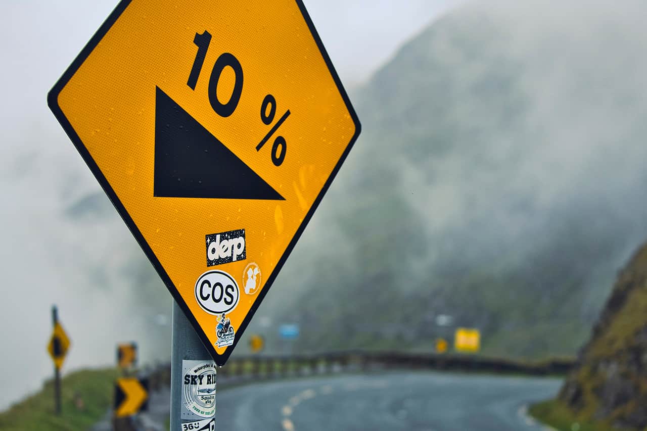 Señal de peligro en la carretera indicando desnivel del 10%